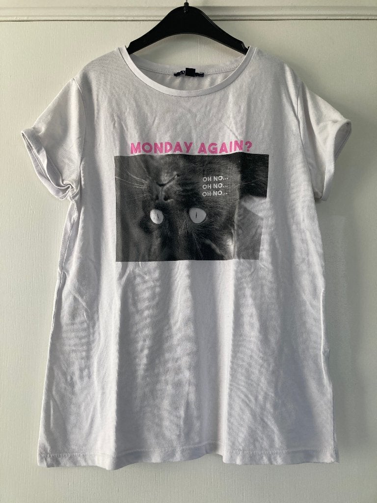 Witte t-shirt 'monday again? oh no" - Kiabi - 158/164, Kinderen en Baby's, Kiabi, Gebruikt, Meisje, Ophalen of Verzenden
