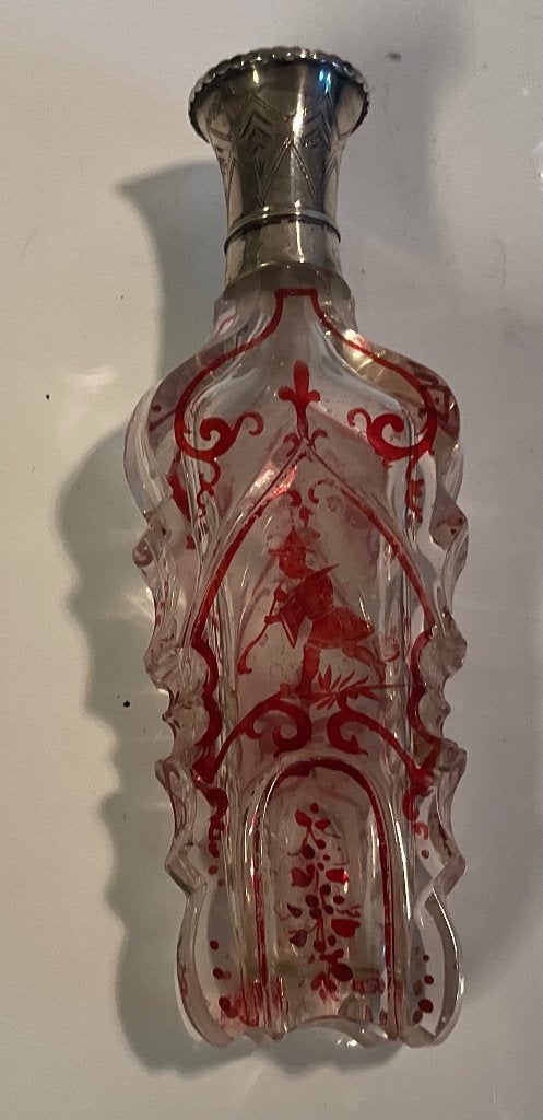Antiek kristallen parfumflesje zilveren dop Boheems, Antiek en Kunst, Curiosa en Brocante, Verzenden