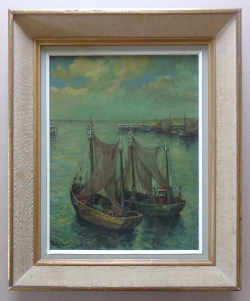 ACHIEL LOMBAERT / VISSERS OOSTENDE / OLIEVERF 48x40cm KADER, Ophalen of Verzenden