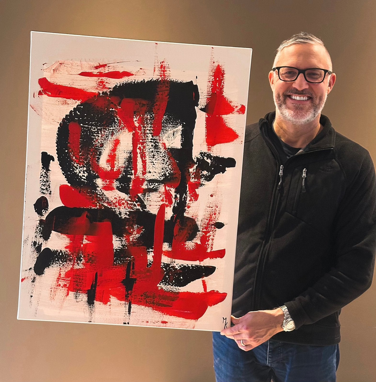Vrij groot zwart/ rood abstract schilderij Mk Art, Antiek en Kunst, Ophalen