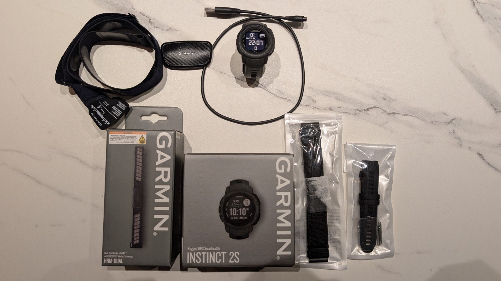 Garmin Instinct 2S + Garmin HRM-Dual Hartslagmeter + bandjes, Handtassen en Accessoires, Sporthorloges, Zwart, Garmin, Ophalen of Verzenden