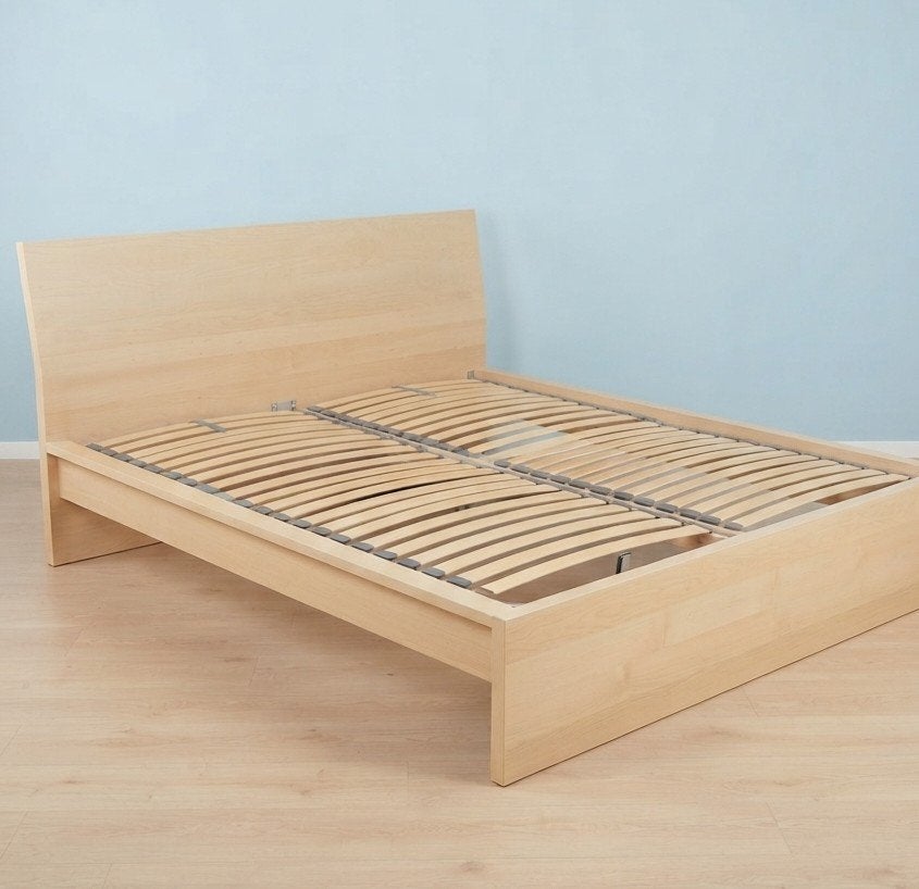 Lit double King Size bois clair + 2 sommiers à lattes releva, Ophalen, Eenpersoons, Hout