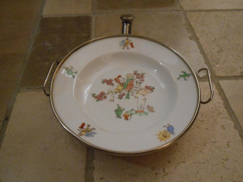 vintage kinder warmhoudbord, porselein en metaal, Ophalen of Verzenden