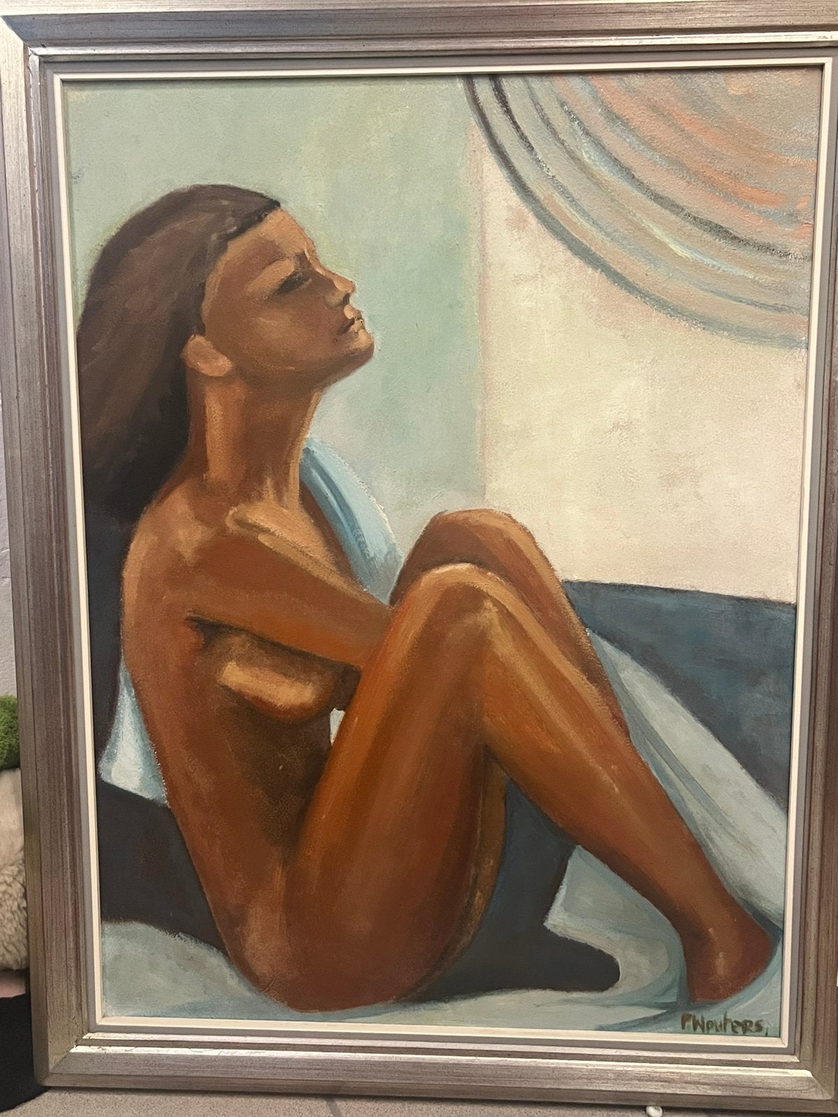 Tableau peinture à l’huile femme nue sur panneau aggloméré, Portrait ou Personnes, Signé, Peinture à l'huile, Panneau
