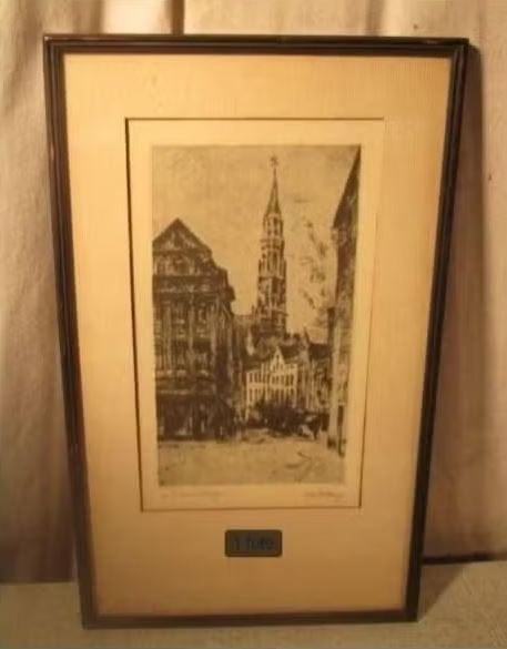 Belle gravure ancienne « Cathédrale et maisons » - signée, Antiquités & Art, Enlèvement ou Envoi, Signé, Vue urbaine, Gravure