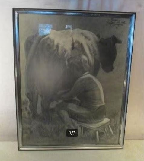 Beau dessin 'Farmer Milks Cow' - Denijs 1969, Enlèvement ou Envoi, Dessin, Fait main