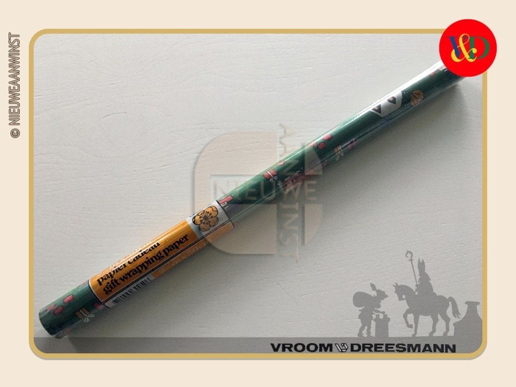 Nostalgische V&D rol inpakpapier - groen/rood/blauw - 250cm, Envoi, Neuf