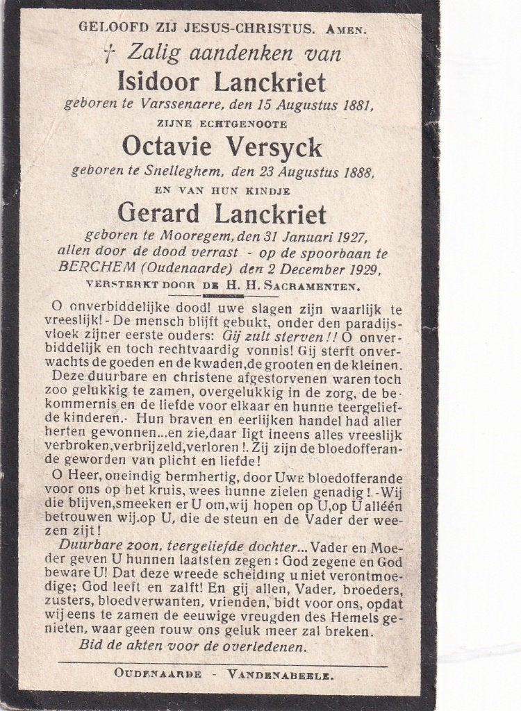 B P ONGEVAL MOREGEM 1929 LANCKRIET + VROUW + KIND, Verzamelen, Ophalen of Verzenden
