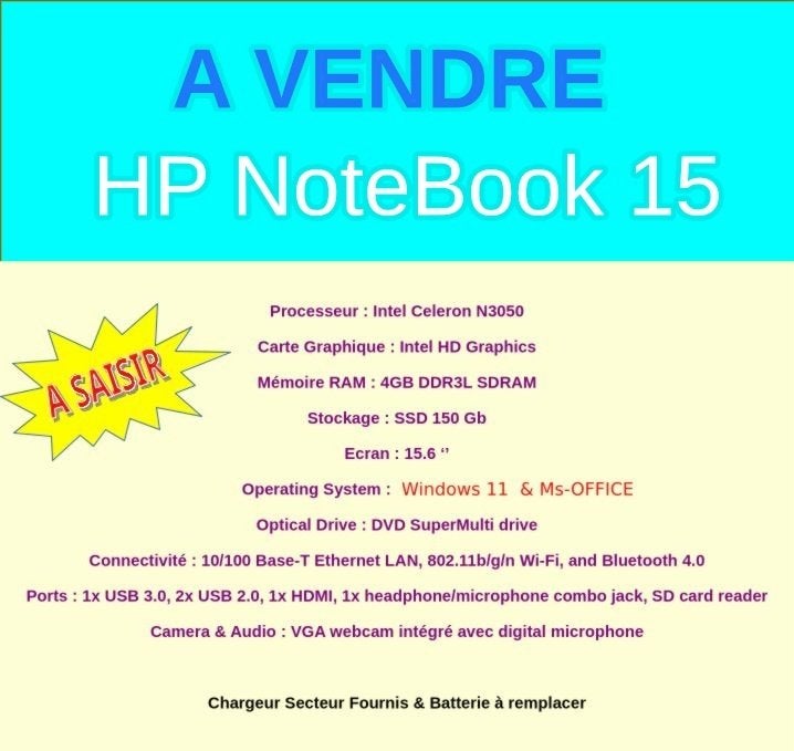 PC PORTABLE HP NOTEBOOK 15, Informatique & Logiciels, Hp, Enlèvement, Utilisé, SSD