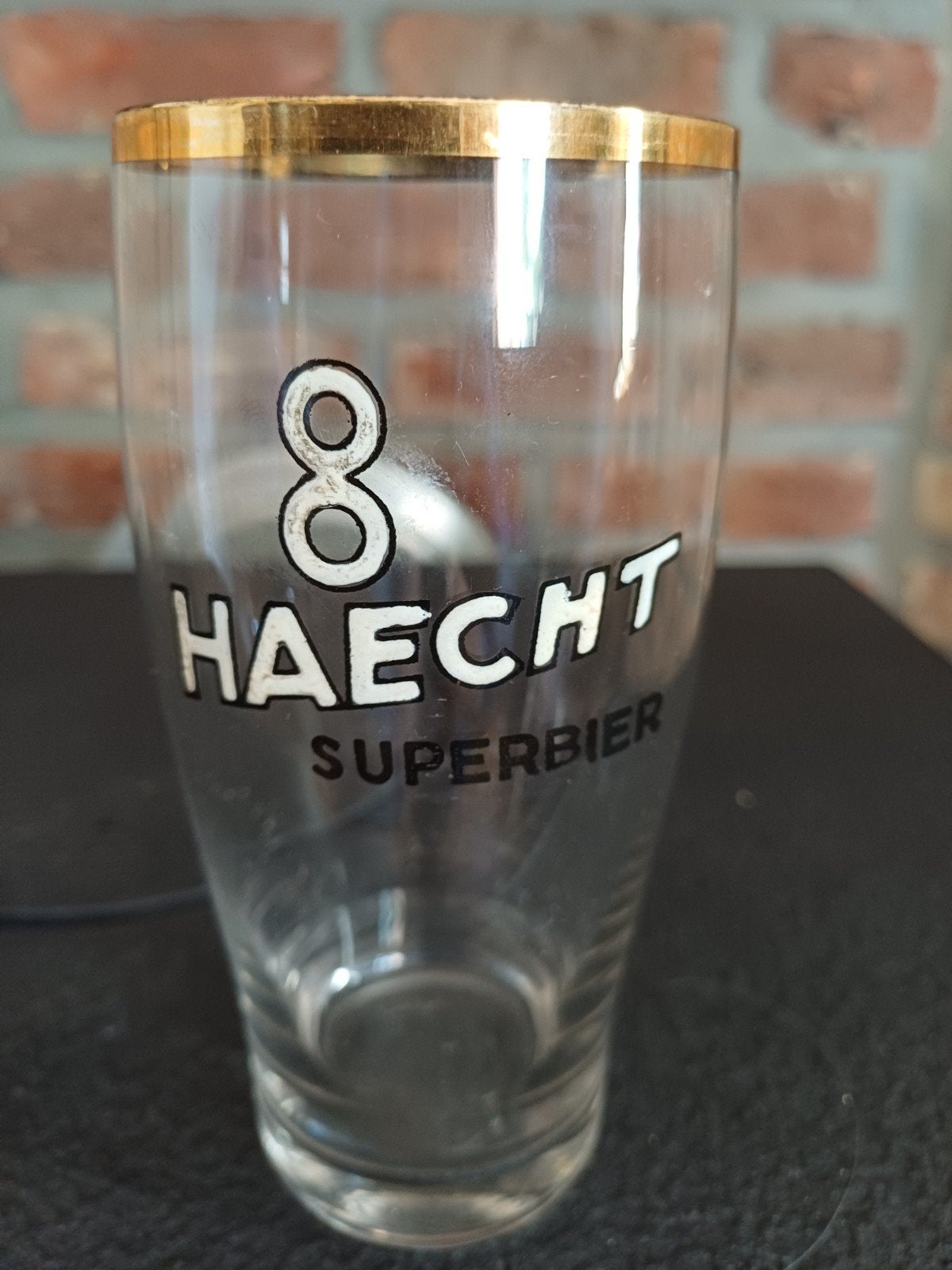 oud glas haecht 8 superbier email met gouden rand, Verzamelen, Ophalen