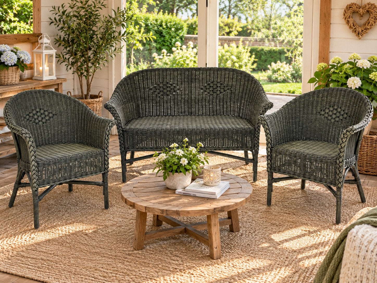 Lloyd Loom stijl terras of veranda meubels in groen rotan, Enlèvement, Utilisé, Rotin