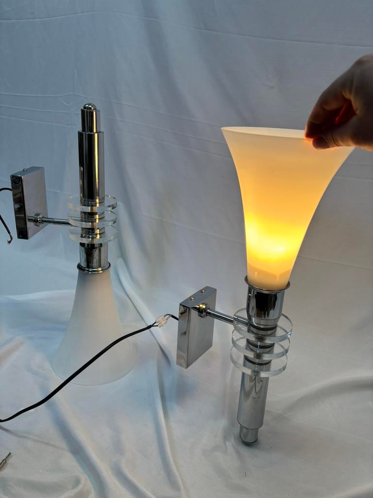 Set van 2 Vintage Art Deco Wandlampen Chroom & Glas Jaren 80, Huis en Inrichting, Ophalen of Verzenden, Gebruikt