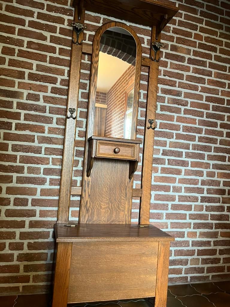 Antieke houten kapstok met spiegel en lade, Antiek en Kunst, Ophalen