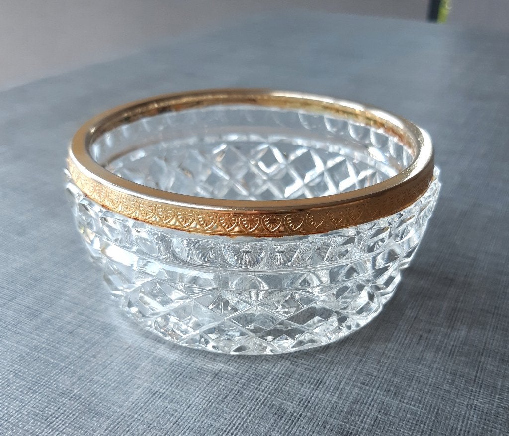 Vintage glazen kommetje / bonbonnière met goudrand — Ø 11 cm, Antiek en Kunst, Antiek | Glaswerk en Kristal, Ophalen of Verzenden