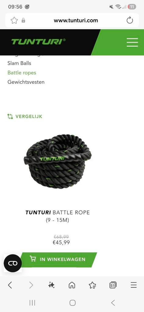 Tunturi battle rope 9m, Sport en Fitness, Ophalen, Battle rope