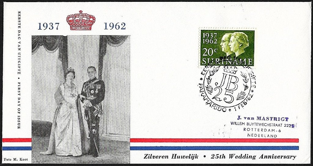 1962 - SURINAME - Mariage en argent du FDC [SG 502], Timbres & Monnaies, Timbres | Surinam, Envoi, Affranchi