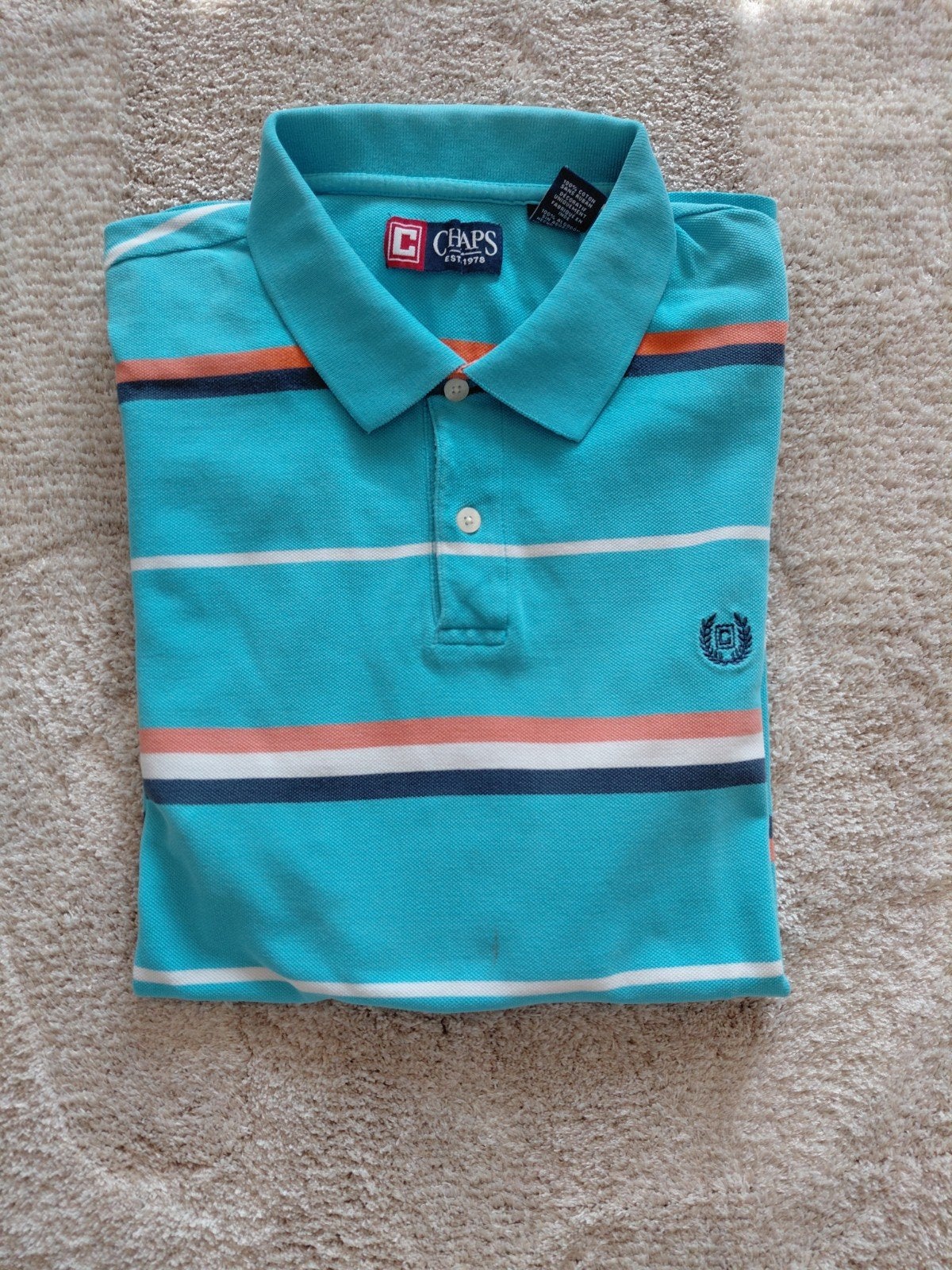 Vintage Blauw-oranje-wit gestreepte Chaps polo (XL), Kleding | Heren, Polo's, Maat 52/54 (L), Blauw, Chaps, Ophalen of Verzenden