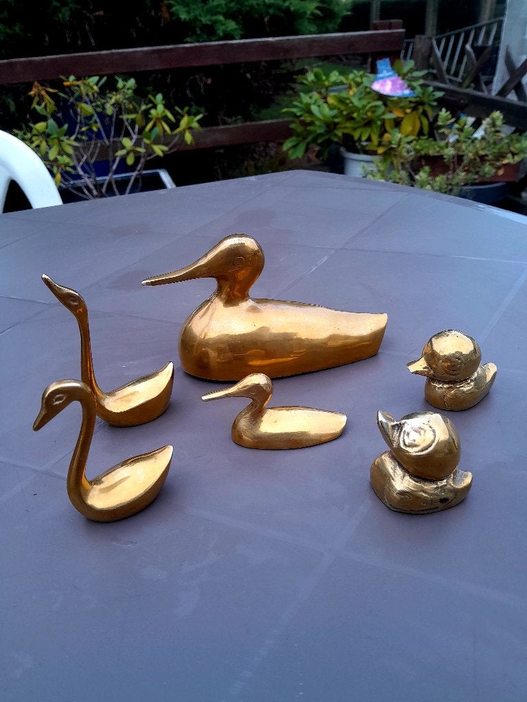 Set 4 eenden + 2 zwanen in verguld messing Vintage BE, Antiek en Kunst, Ophalen of Verzenden