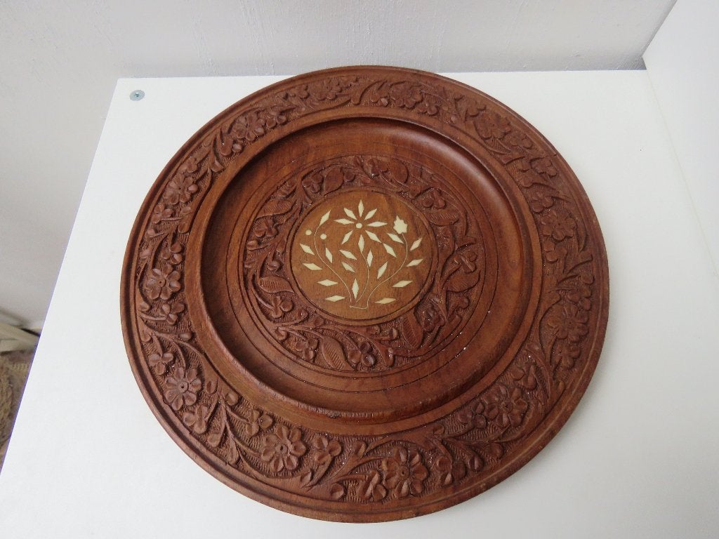 Houten wandschaal bloemen snijwerk rozenhout, Antiek en Kunst, Curiosa en Brocante, Ophalen of Verzenden