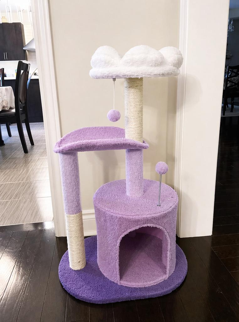 Paarse kattenkrabpaal met huisje & speelballen (nieuw), Dieren en Toebehoren, Ophalen of Verzenden, Zo goed als nieuw