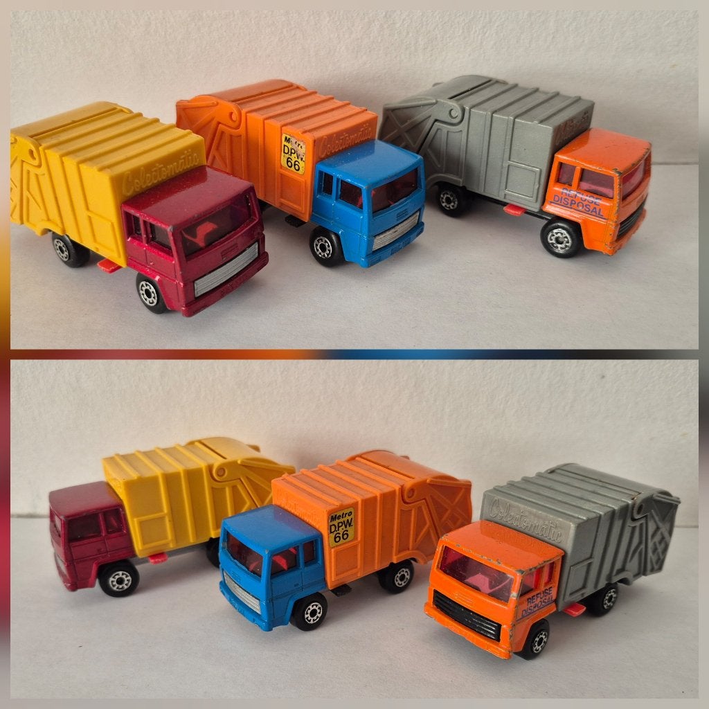 3 camions à ordures Matchbox 36-D 1980 (rouge), Enlèvement ou Envoi, Utilisé, Bus ou Camion