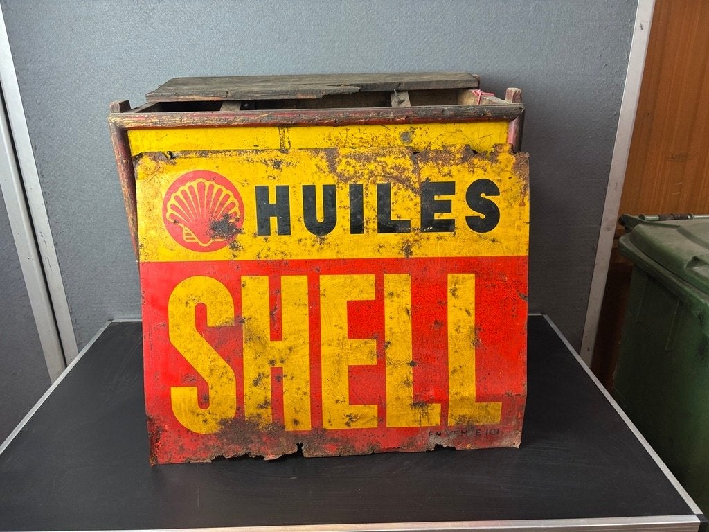 Originele oude Shell krat voor olie blikken, Ophalen, Gebruikt, Verpakking