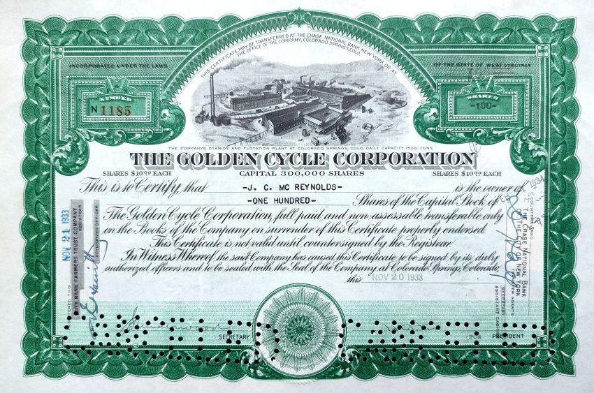 The Golden Cycle Corporation (James Clark McReynolds) 1934, Postzegels en Munten, Aandelen en Waardepapieren, Ophalen of Verzenden