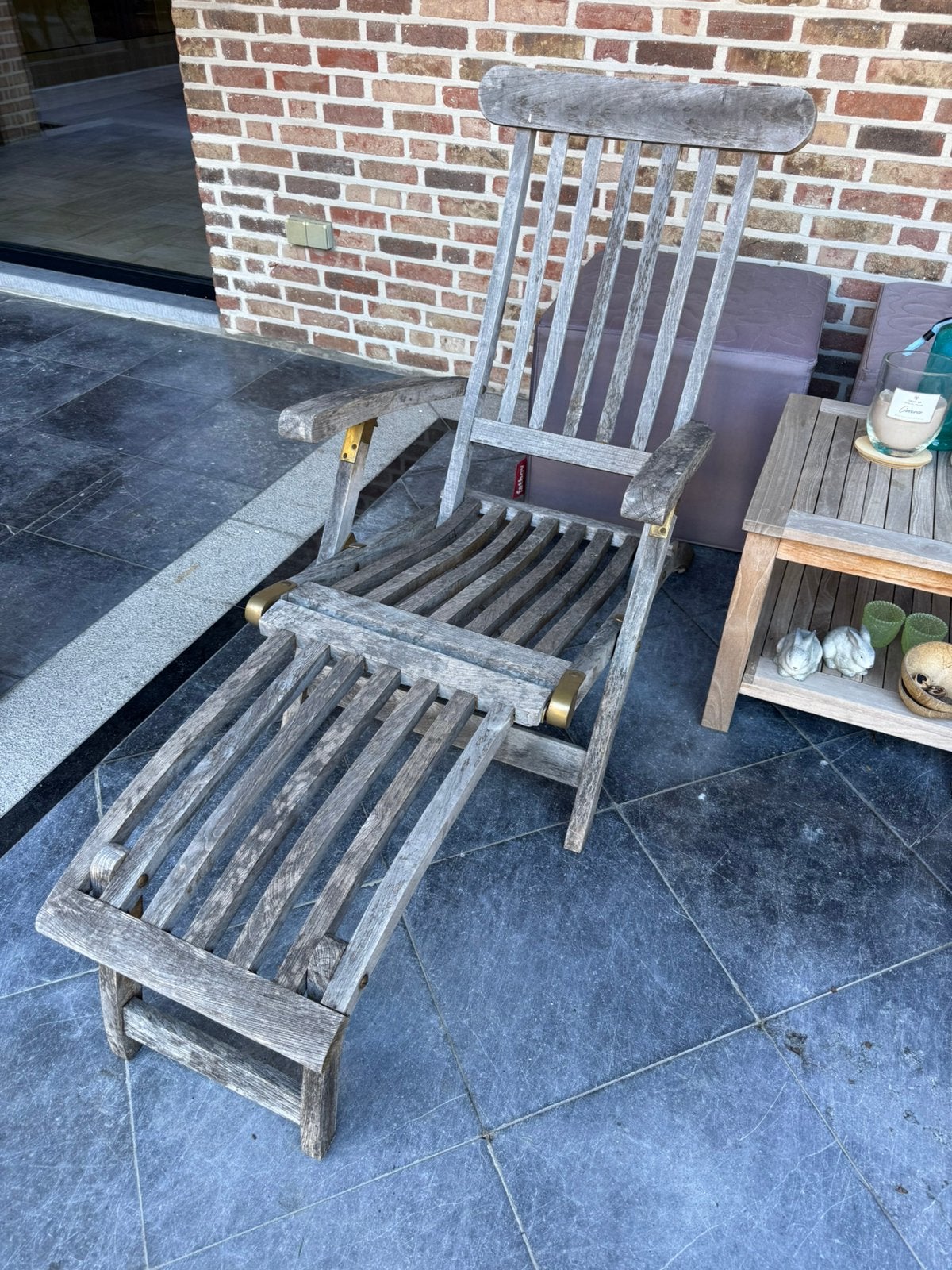 Ligstoel ( deckchair) incl kussens, Jardin & Terrasse, Chaises longues, Comme neuf, Bois de teck, Réglable, Enlèvement