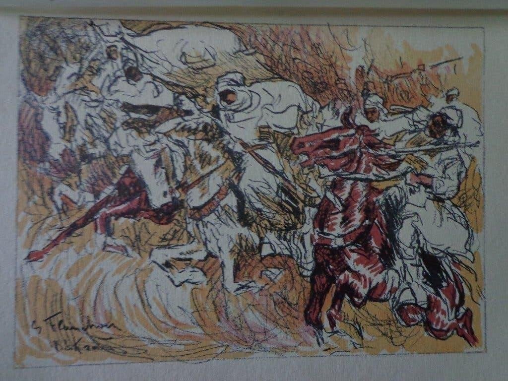 litho Gustave Flasschoen "Charge à Bistra, Maroc" 1925, Antiquités & Art, Signé dans la planche, Enlèvement ou Envoi, Lithographie