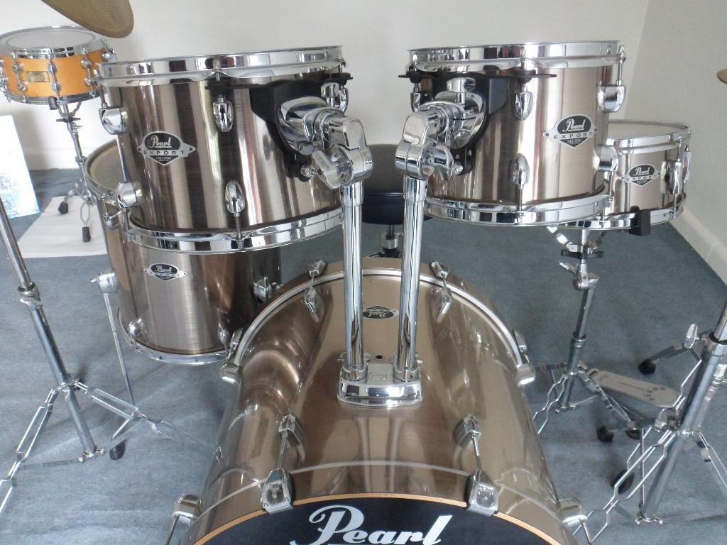 top occasie PEARL export  5-delig, symbals, kruk,silverkleur, Muziek en Instrumenten, Ophalen, Zo goed als nieuw, Pearl