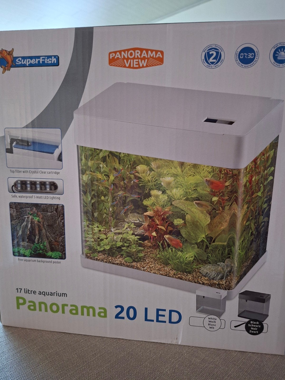 Aquarium 17 liter, Panorama 20 LED, zwart, Dieren en Toebehoren, Vissen | Aquaria en Toebehoren, Ophalen, Zo goed als nieuw, Superfish