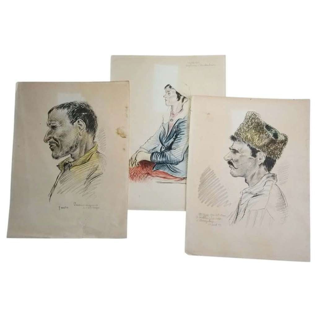 3 dessins de portraits du front de l'Est 1942 (Légion ?), Collections, Enlèvement ou Envoi, Armée de terre, Objet d'art