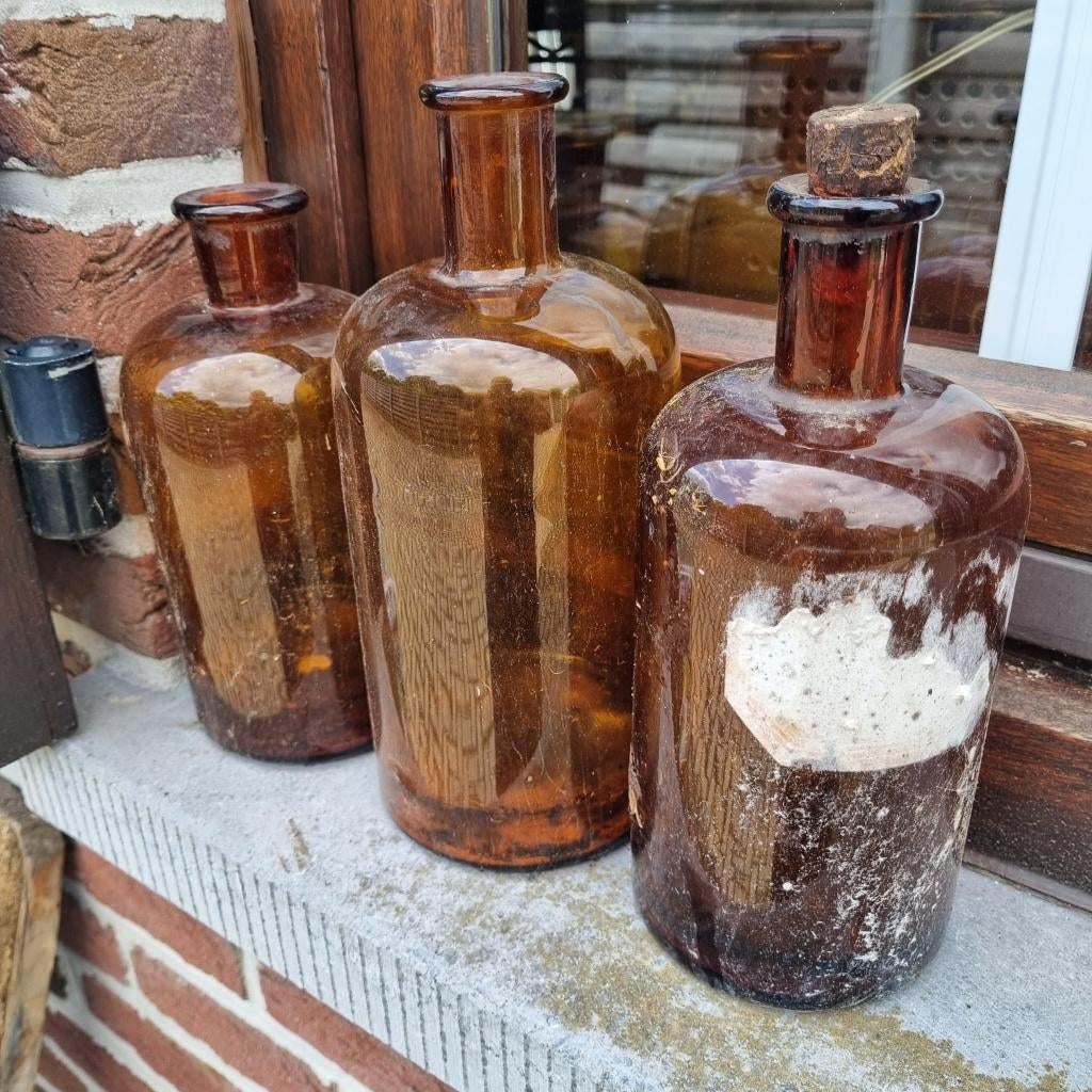 oude - grote - Bruine glazen flessen, Ophalen of Verzenden