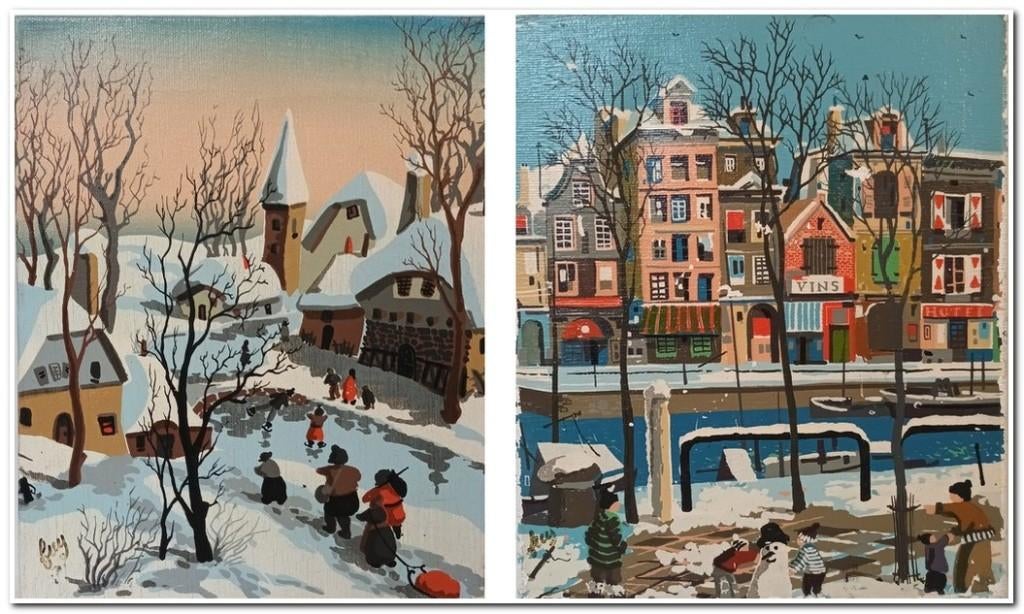 Vlaamse naieve school (XX) - Koppel olieverf op doek, Antiek en Kunst, Ophalen