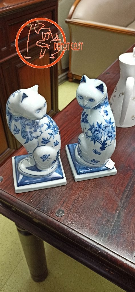 Statuettes de chats en céramique décorative bleu et blanc, Enlèvement ou Envoi