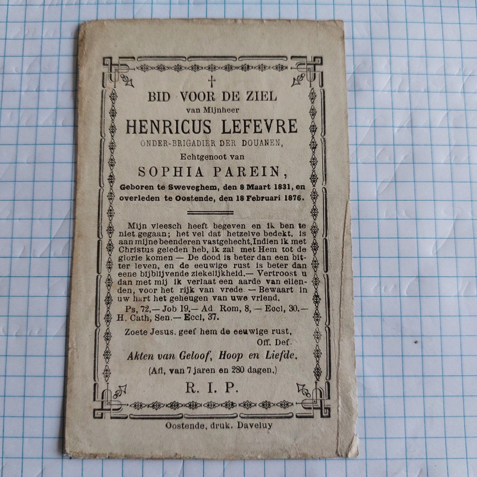 bidprentje Zwevegem - Oostende 1831- 1876, Ophalen of Verzenden, Bidprentje