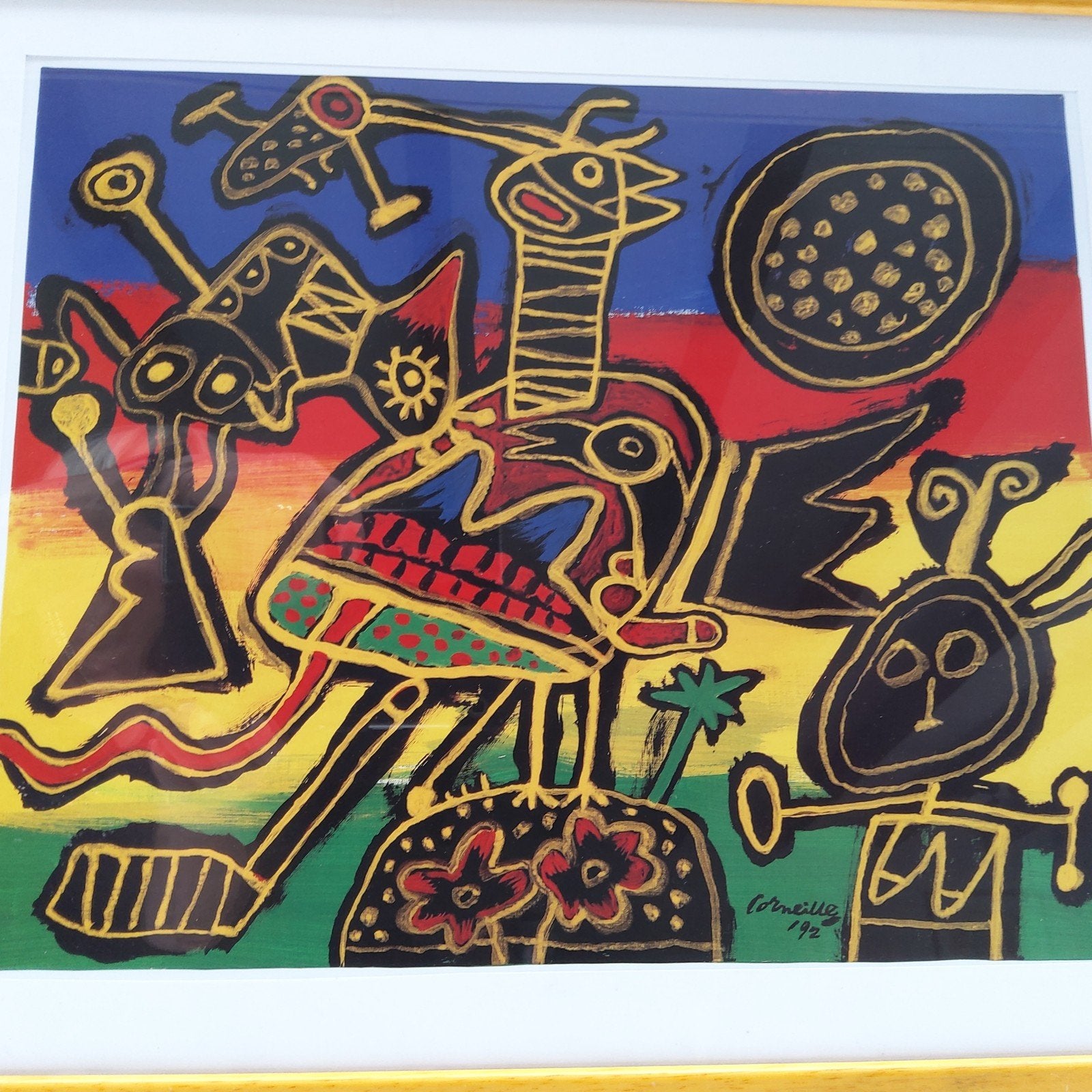Ingelijste Print Corneille: "La fête autour du Palmier" 1992, Antiek en Kunst, Ophalen