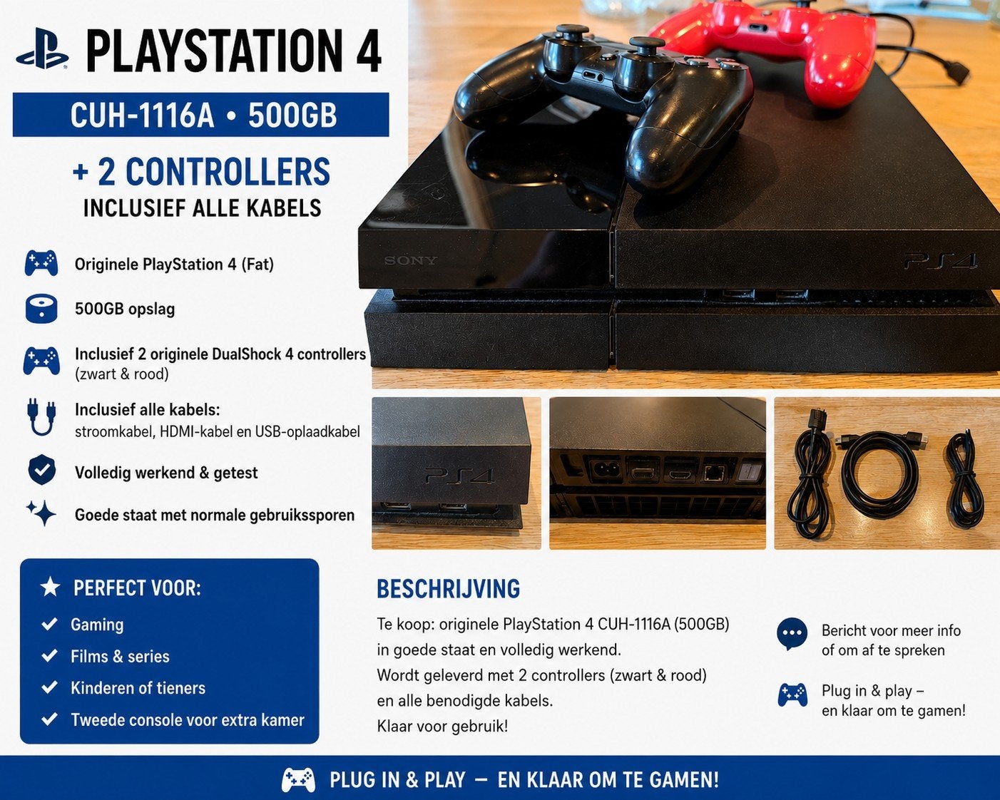 ps4 met 2 controllers, Ophalen, Gebruikt, 500 GB, Met 2 controllers