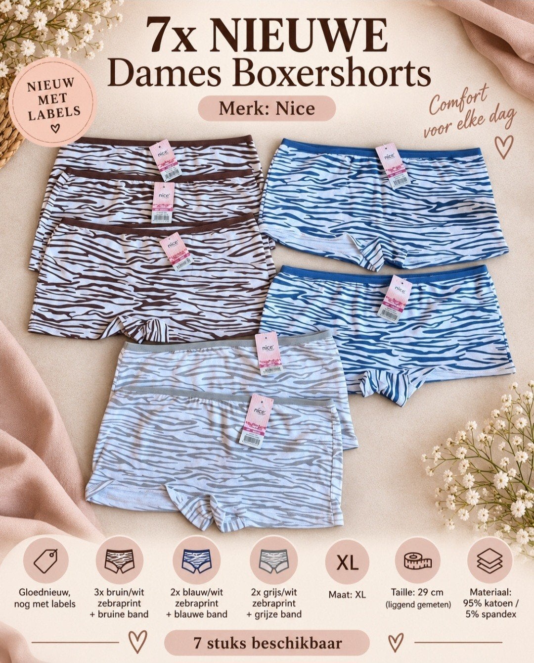 7x Nice Dames Boxershorts Maat XL, Kleding | Dames, Nice, Ophalen of Verzenden, Blauw, Broekje of Short