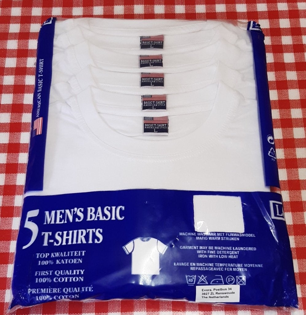 5 Witte T-Shirts heren American Style maat L (nieuw), Ophalen, Maat 52/54 (L), Wit, Nieuw