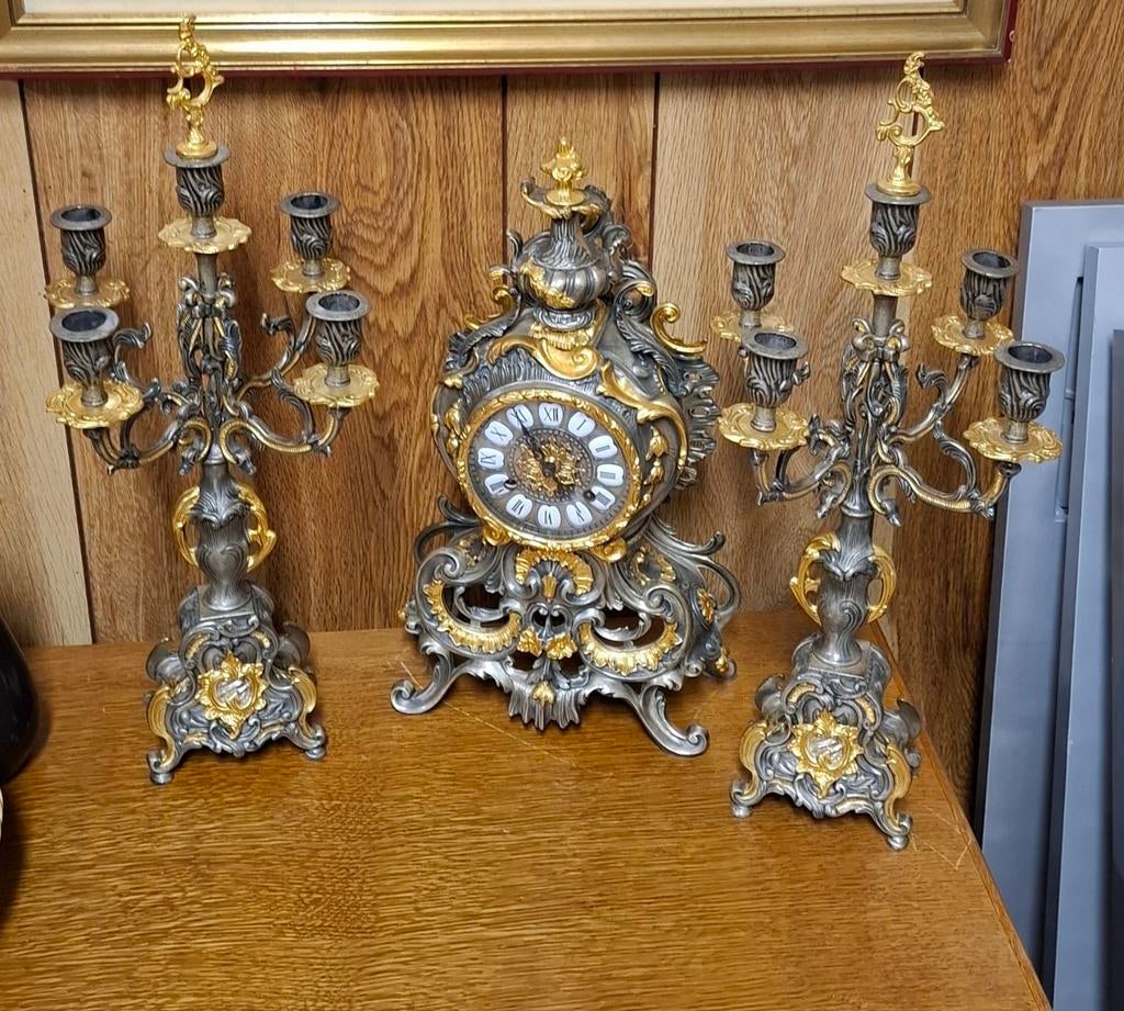 Schouwklok set met 2 kandelaars antiek, Antiek en Kunst, Ophalen