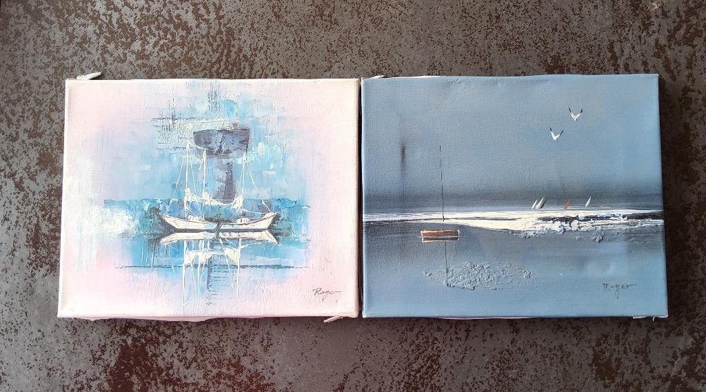 2 schilderijtjes de zee en zeilschip door Roger, Ophalen of Verzenden