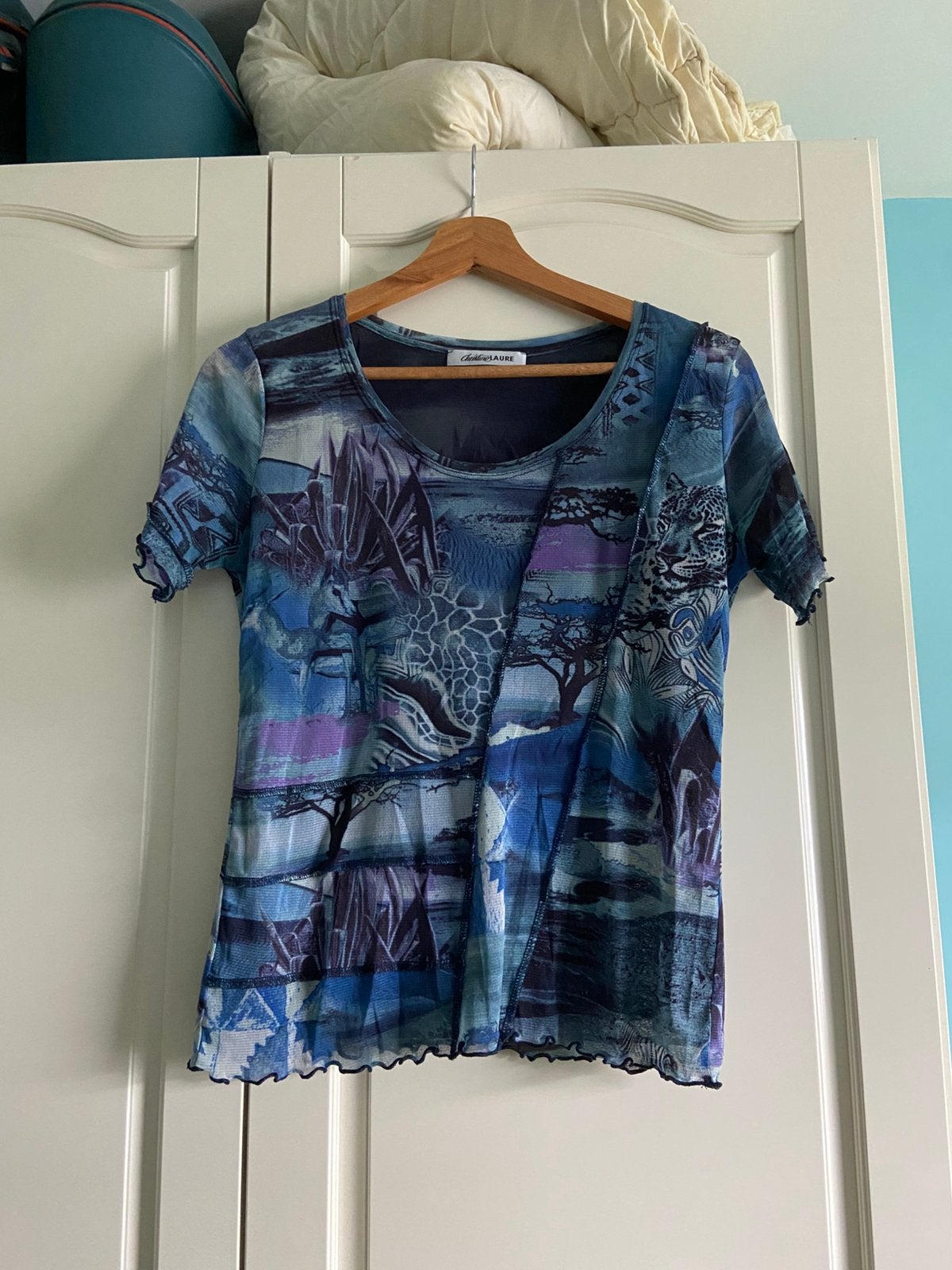 Vintage blauw T-shirt met M/38-patroon Christine Laure, Kleding | Dames, Maat 38/40 (M), Zo goed als nieuw, Korte mouw, Verzenden