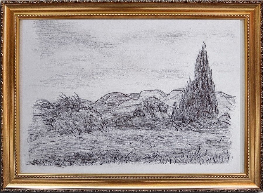 Tekening - Van Gogh - Cipres- en tarweveld, Ophalen of Verzenden, Tekening, Gemengde techniek, Gesigneerd