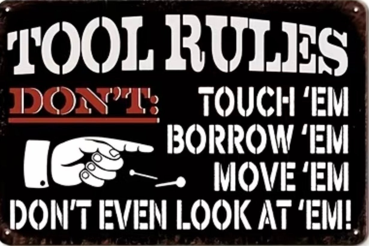 Houten reclamebord Tool rules - retro vintage mancave, Tekstbord, Met afbeelding, 30 cm, Nieuw