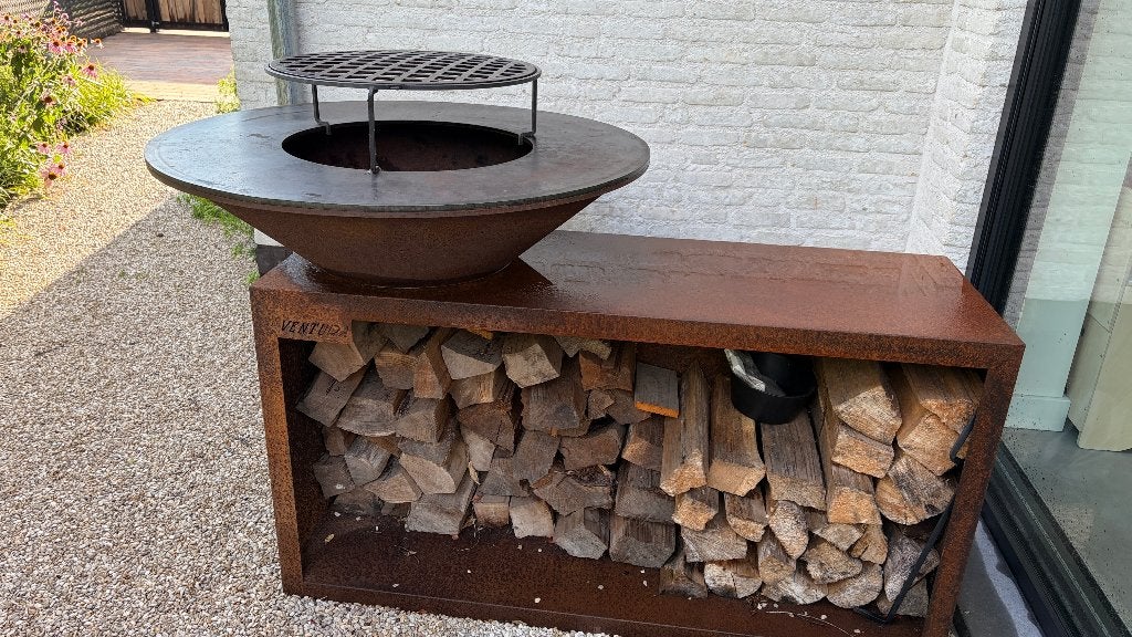 Cortenstaal plancha vuurschaal (100 cm) met werkblad, Tuin en Terras, Ophalen, Gebruikt