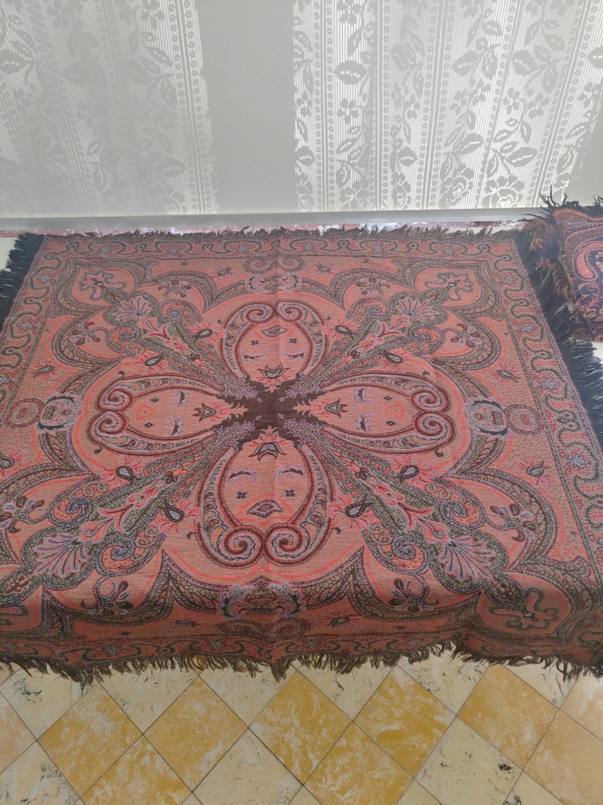 Nappe/ châle vintage XIXe Worteldoek en laine 90 cm/90 cm, Antiquités & Art, Enlèvement ou Envoi