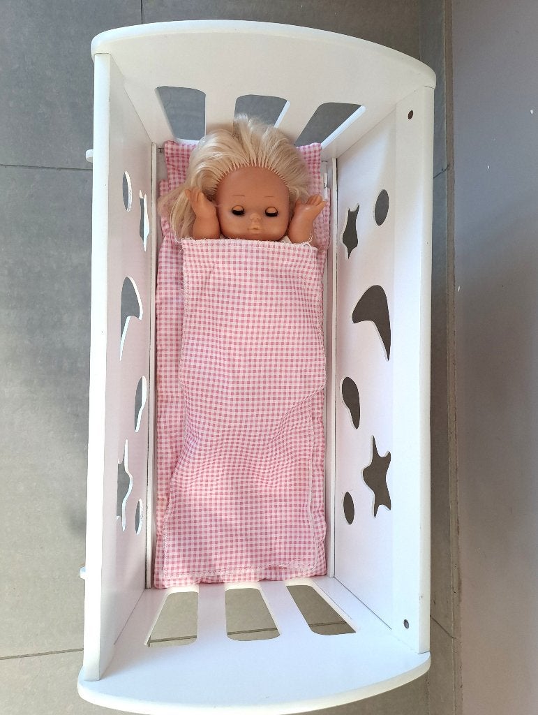 Houten poppenbed Woodtoys met beddengoed, poppen en kleren, Kinderen en Baby's, Ophalen, Zo goed als nieuw, Overige typen