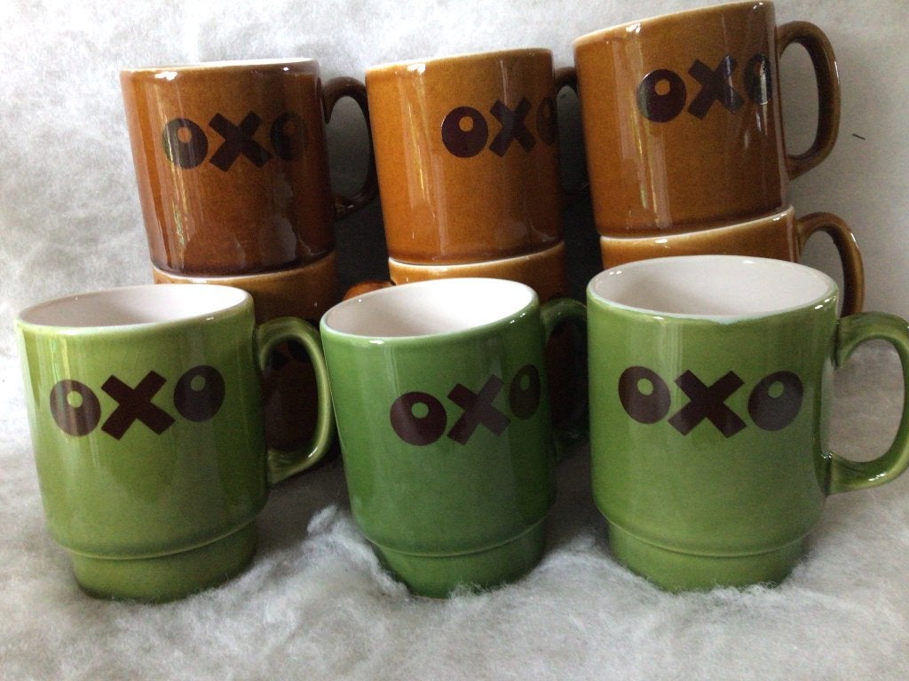 Vintage mokken OXO recht model. Bruin en groen, Ophalen of Verzenden, Vintage