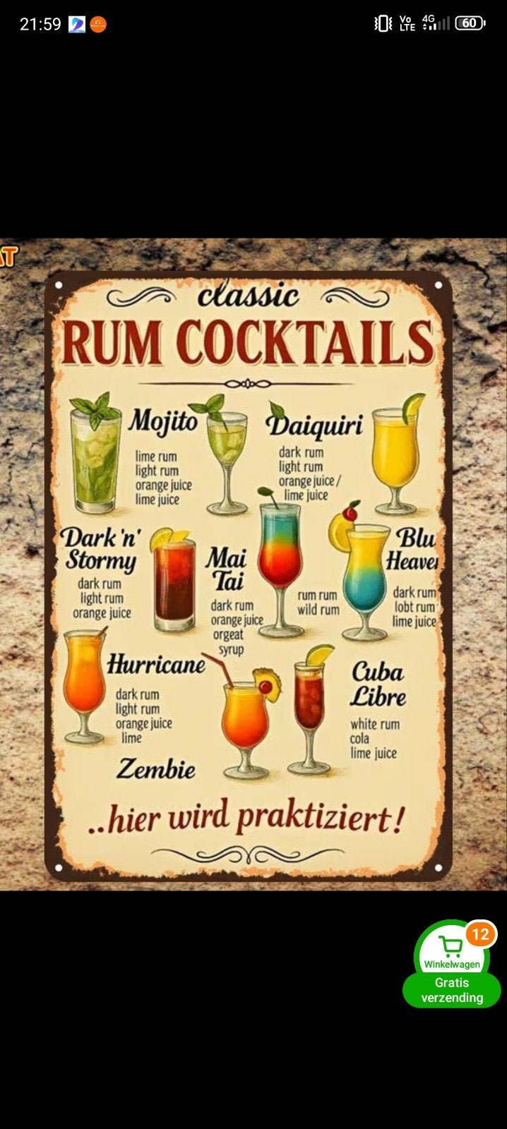 Cocktail Rezept Board., Ophalen of Verzenden